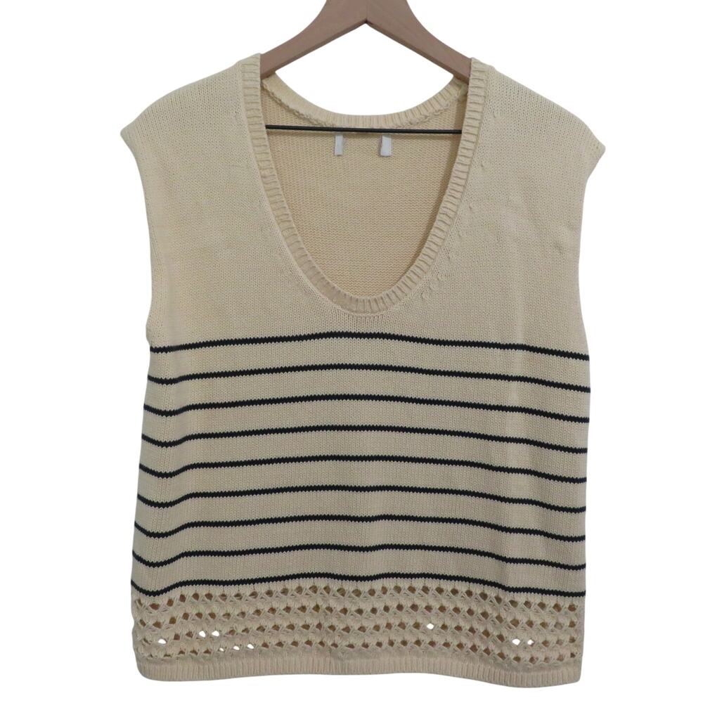 Banana Republic Women Sz L Cream Navy Striped V-Neck Sweater Vest Crochet Hem